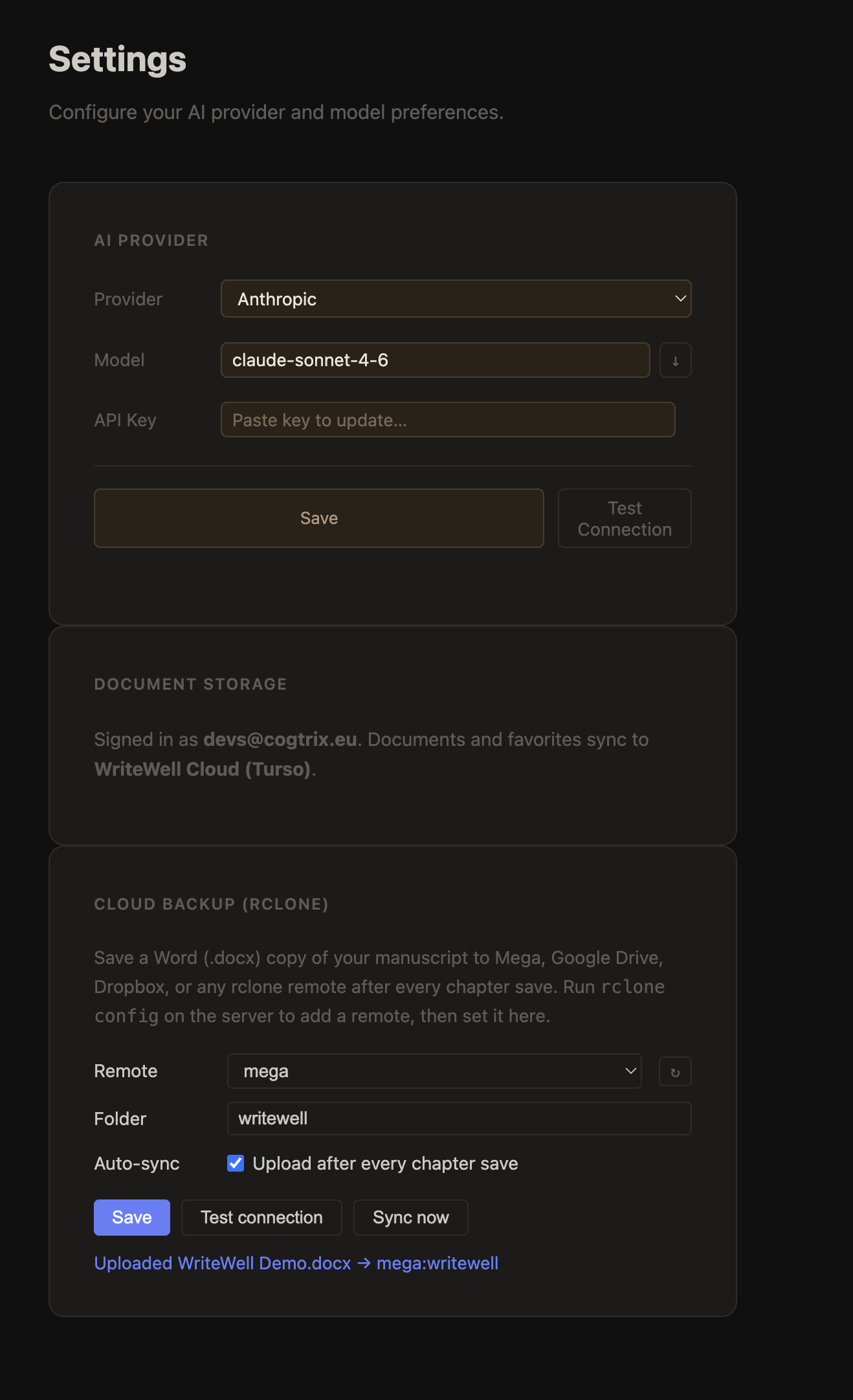 Settings panel